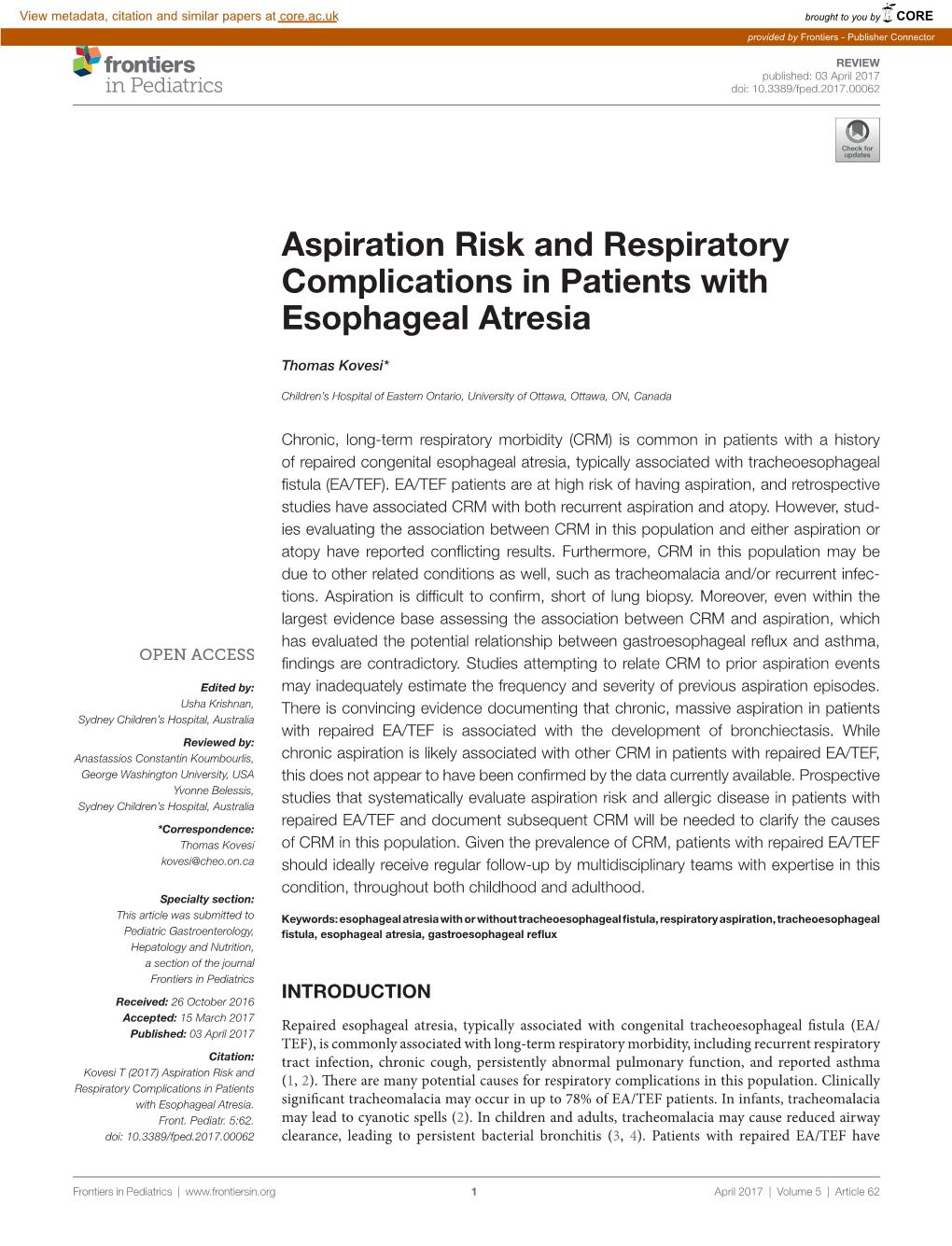 Aspiration Risk and Respiratory Complications in Patients with Esophageal Atresia