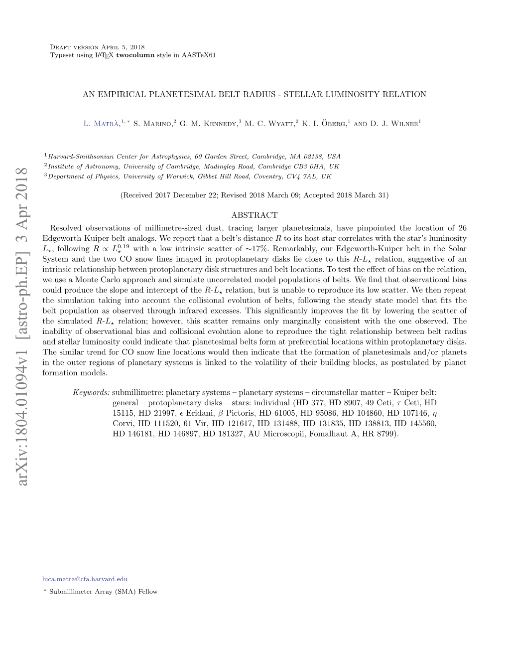 An Empirical Planetesimal Belt Radius-Stellar Luminosity Relation