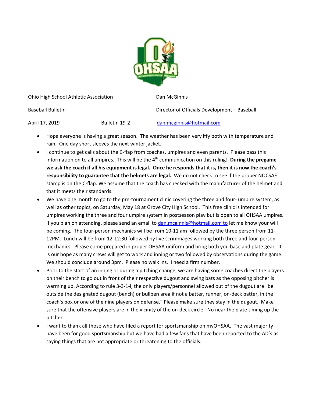 Ohio High School Athletic Association Dan Mcginnis Baseball Bulletin