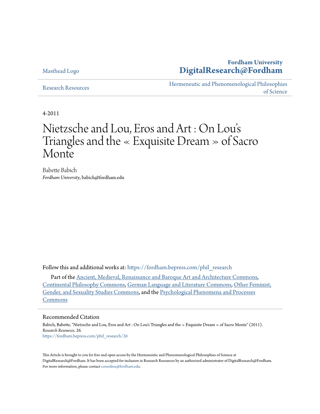 Nietzsche and Lou, Eros and Art : on Lou’S Triangles and the « Exquisite Dream » of Sacro Monte Babette Babich Fordham University, Babich@Fordham.Edu