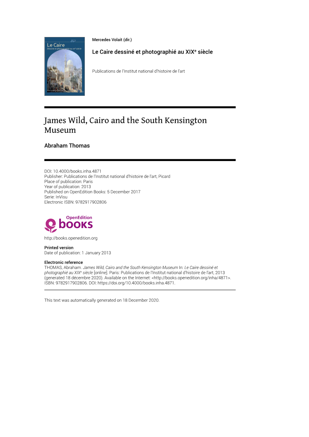 James Wild, Cairo and the South Kensington Museum