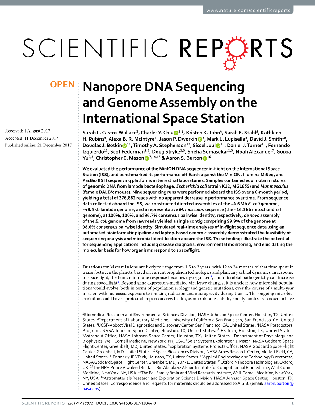 Nanopore DNA Sequencing and Genome Assembly on the International Space Station Received: 1 August 2017 Sarah L