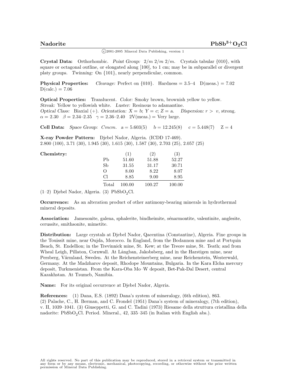 Nadorite Pbsb O2cl C 2001-2005 Mineral Data Publishing, Version 1