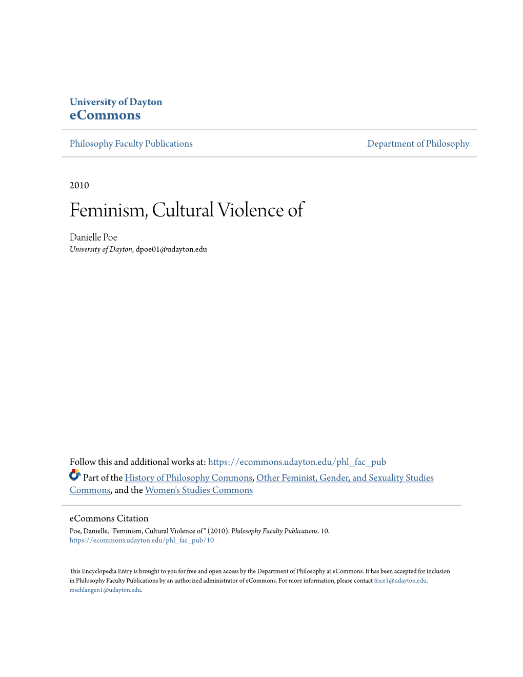 Feminism, Cultural Violence of Danielle Poe University of Dayton, Dpoe01@Udayton.Edu