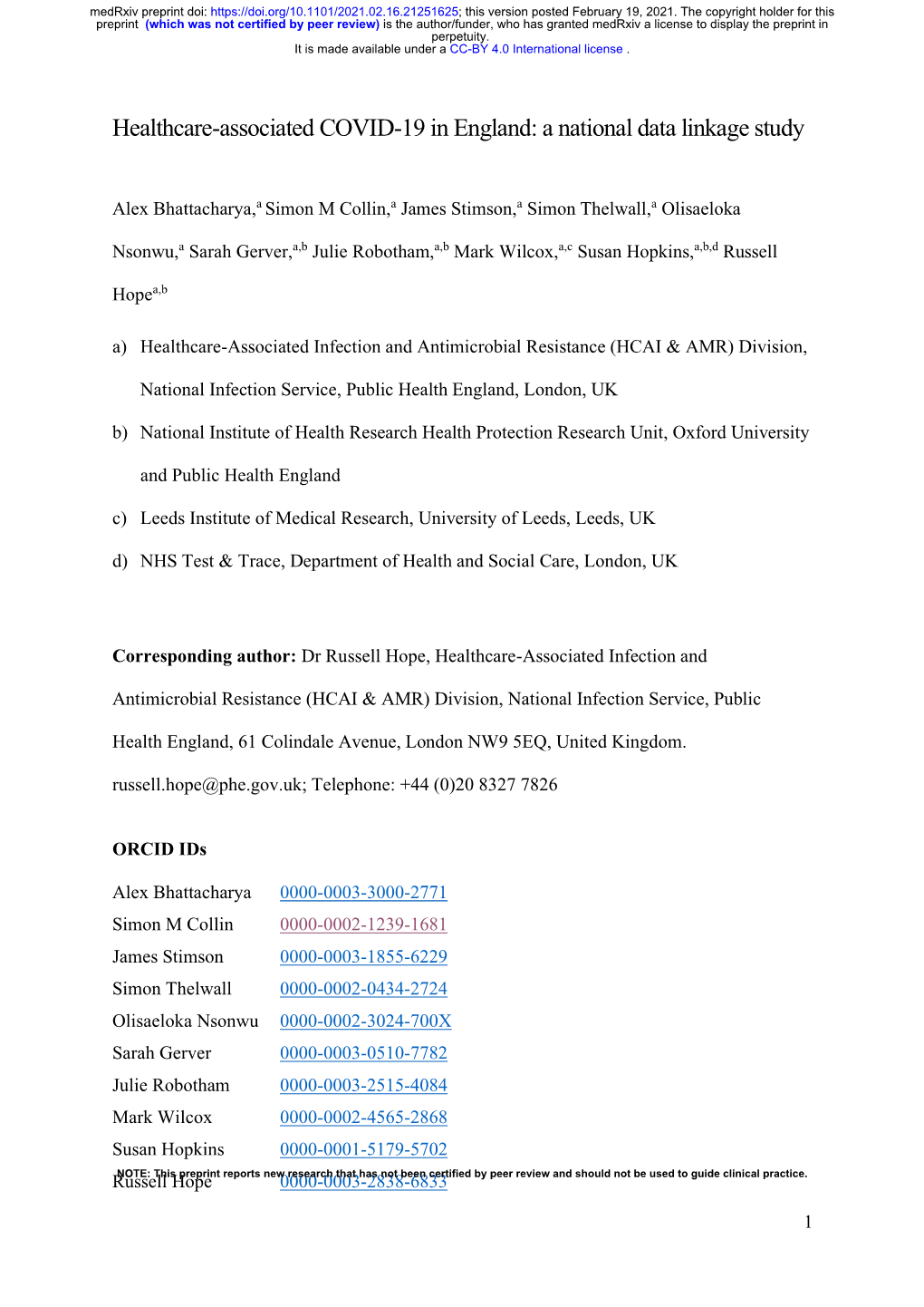 Healthcare-Associated COVID-19 in England: a National Data Linkage Study