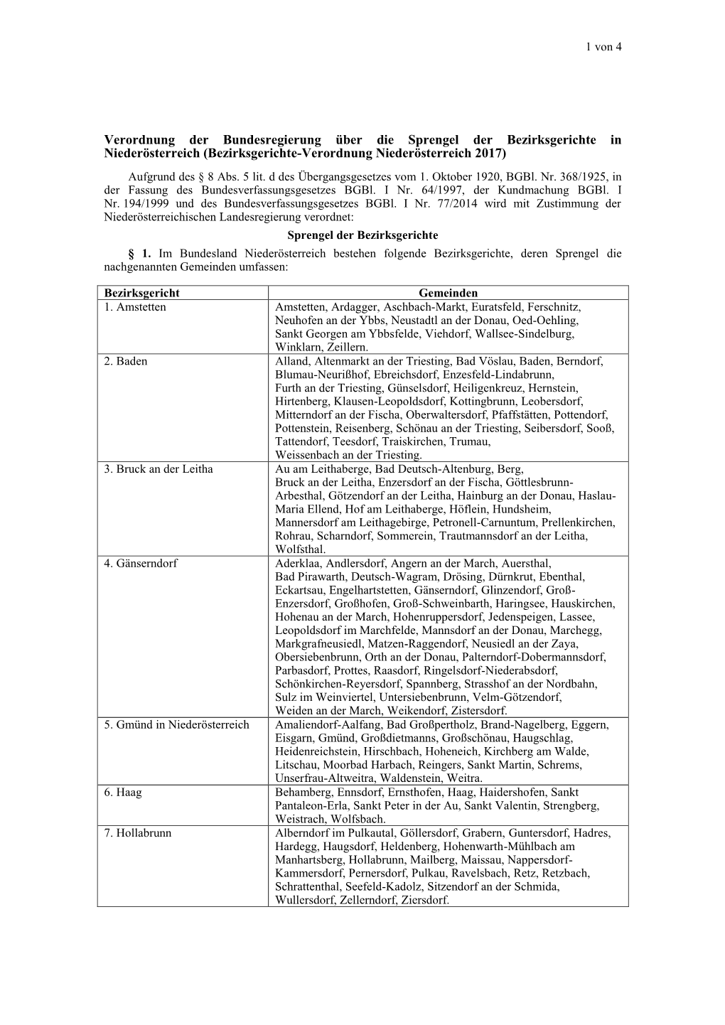 Verordnung Der Bundesregierung Über Die Sprengel Der Bezirksgerichte in Niederösterreich (Bezirksgerichte-Verordnung Niederösterreich 2017) Aufgrund Des § 8 Abs