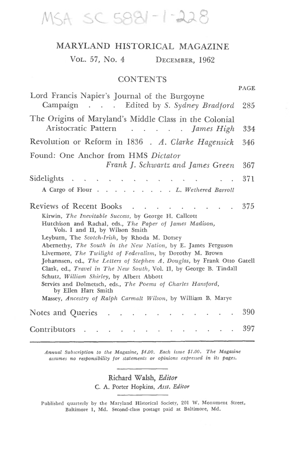 Maryland Historical Magazine, 1962, Volume 57, Issue No. 4