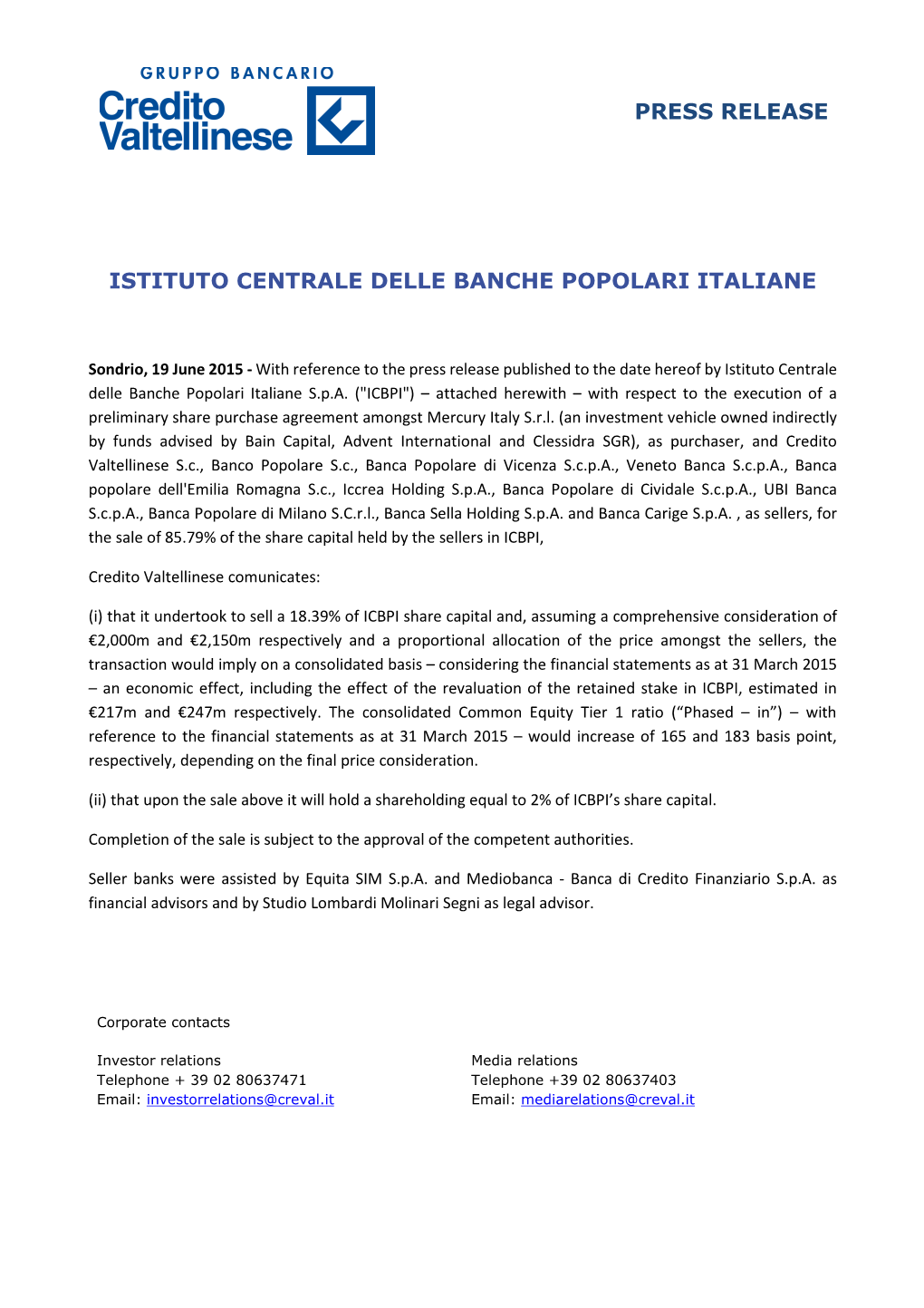 Press Release Istituto Centrale Delle Banche