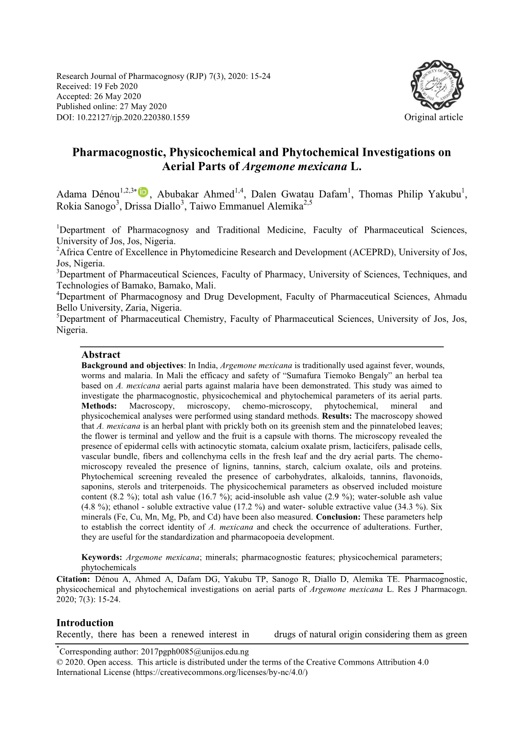 Pharmacognostic, Physicochemical and Phytochemical Investigations on Aerial Parts of Argemone Mexicana L