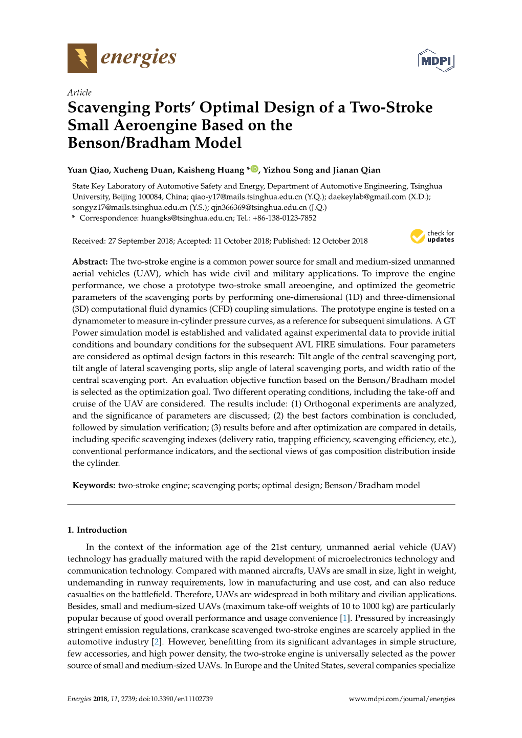 Scavenging Ports' Optimal Design of a Two-Stroke Small Aeroengine Based on the Benson/Bradham Model