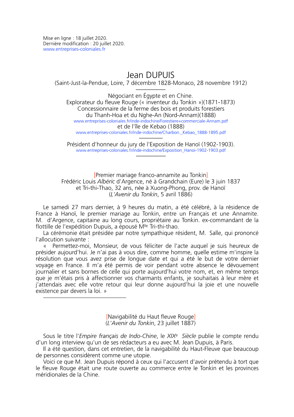 Jean DUPUIS (Saint-Just-La-Pendue, Loire, 7 Décembre 1828-Monaco, 28 Novembre 1912) ————— Négociant En Égypte Et En Chine