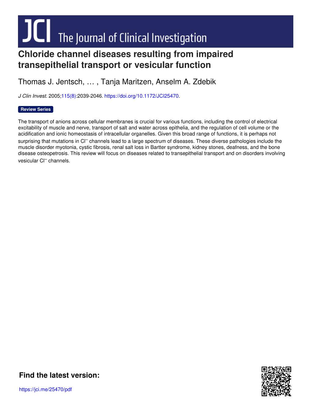 Chloride Channel Diseases Resulting from Impaired Transepithelial Transport Or Vesicular Function