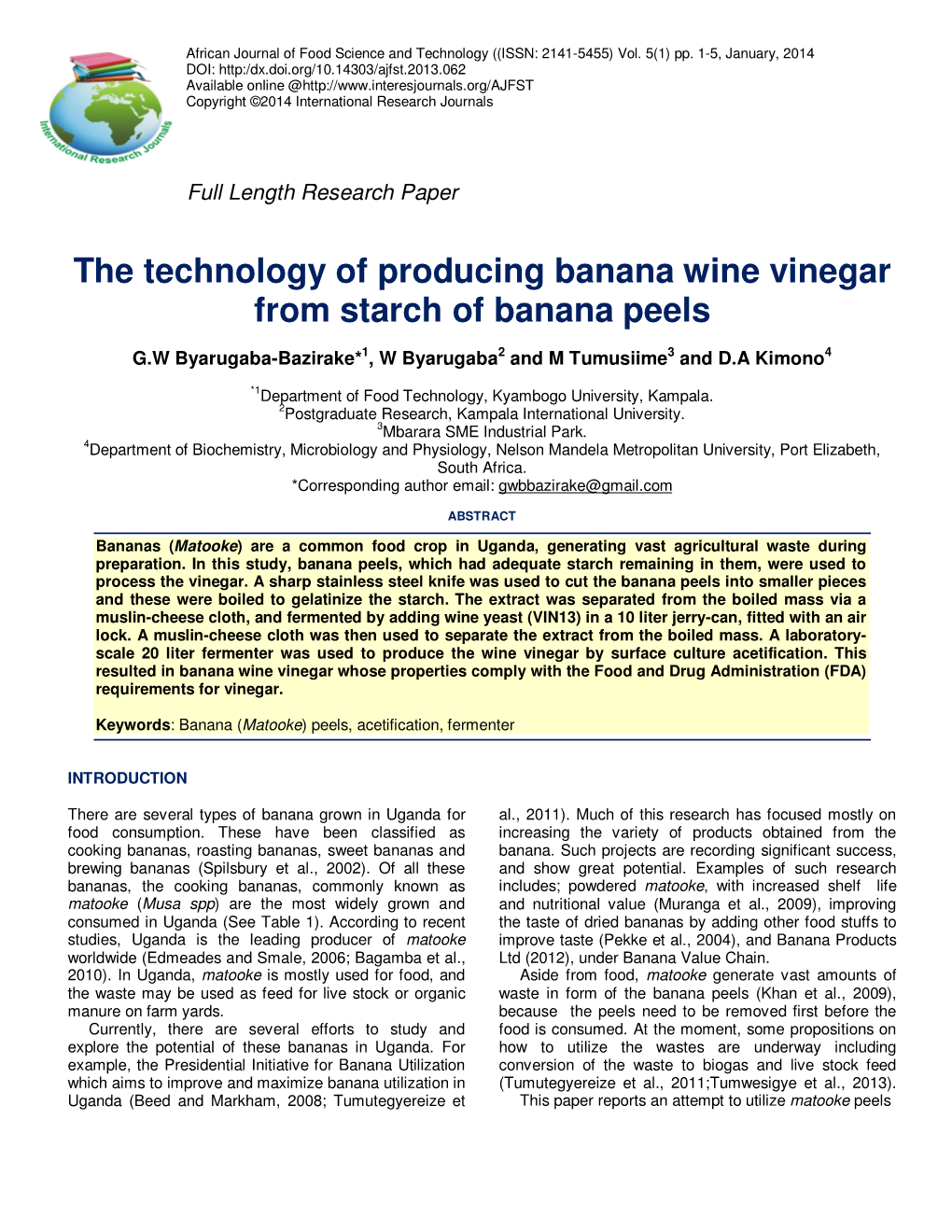 The Technology of Producing Banana Wine Vinegar from Starch of Banana Peels