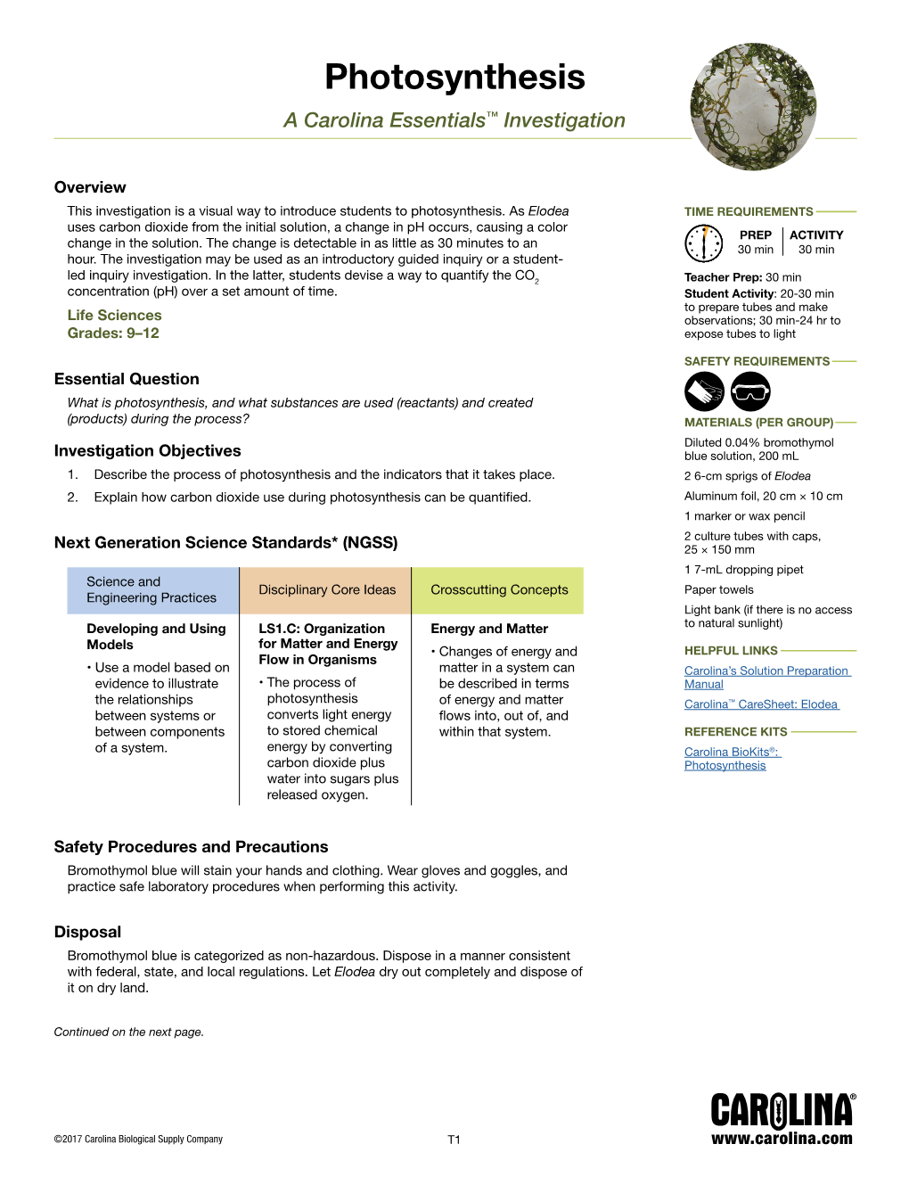 Photosynthesis a Carolina Essentials™ Investigation