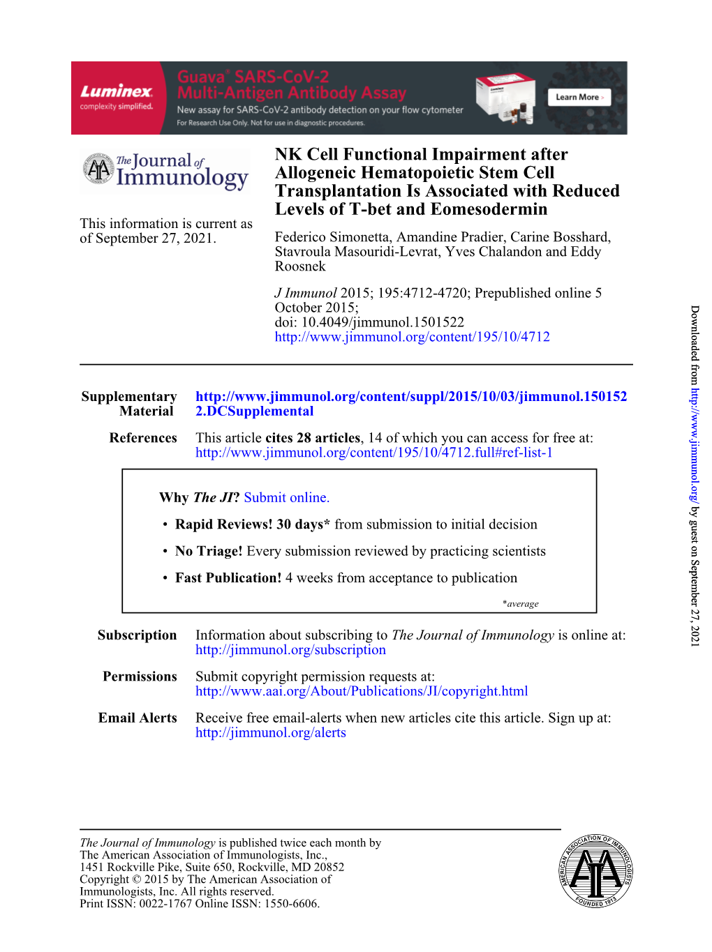 Levels of T-Bet and Eomesodermin Transplantation Is Associated with Reduced Allogeneic Hematopoietic Stem Cell NK Cell Functiona