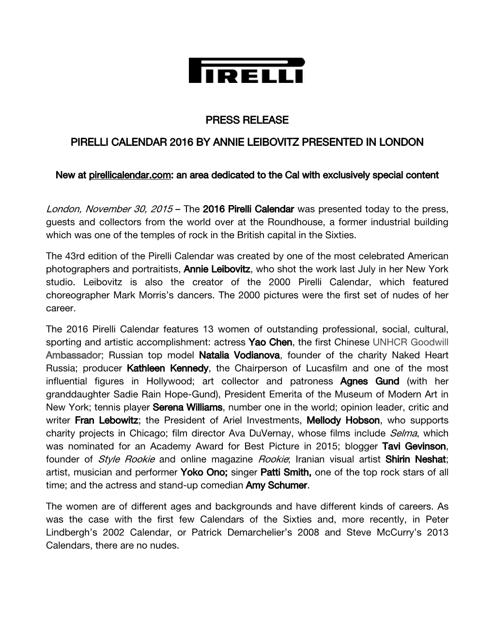 Press Release Pirelli Calendar 2016 by Annie