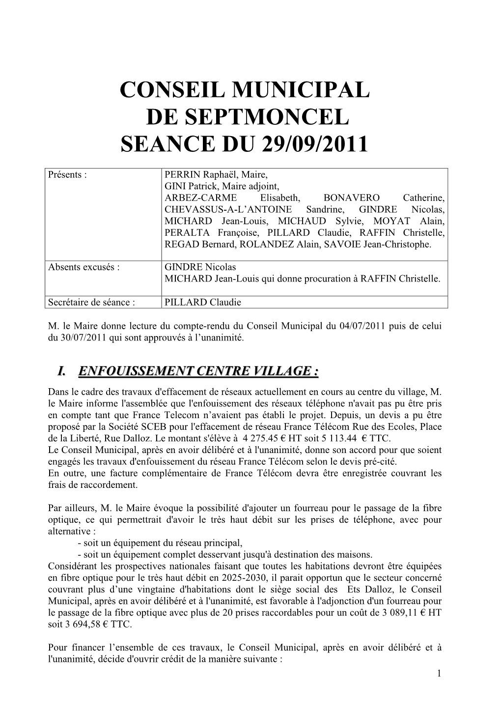 Conseil Municipal De Septmoncel Seance Du 29/09