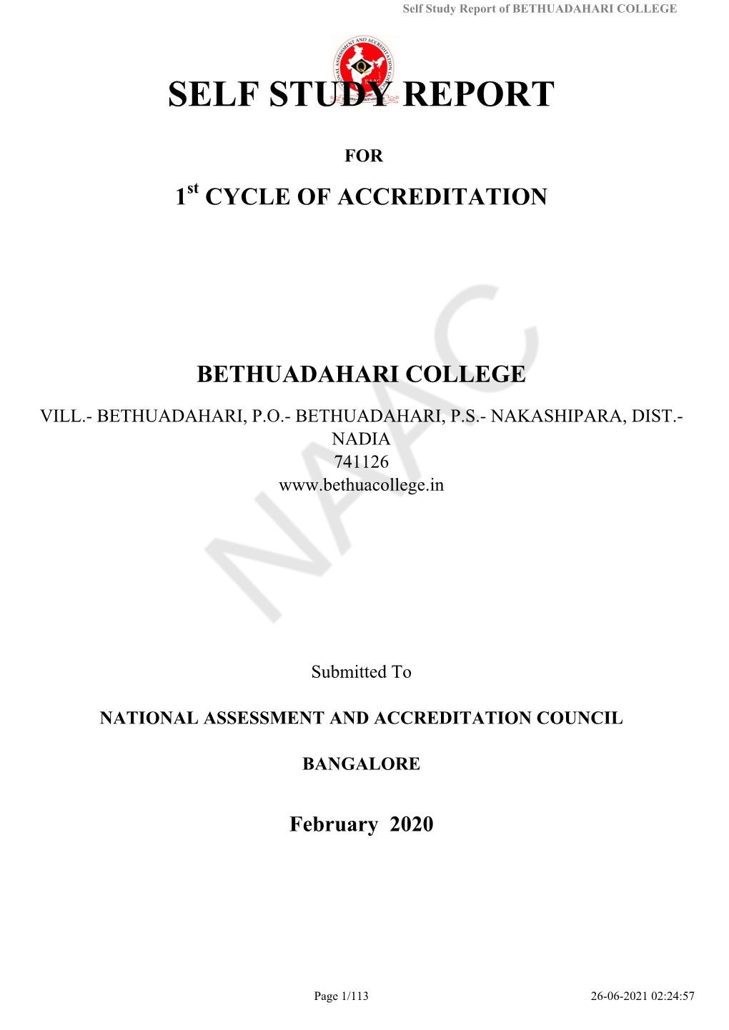 Self Study Report of BETHUADAHARI COLLEGE