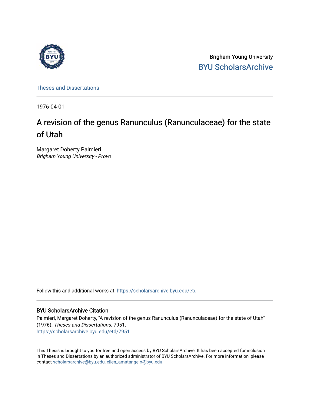 A Revision of the Genus Ranunculus (Ranunculaceae) for the State of Utah