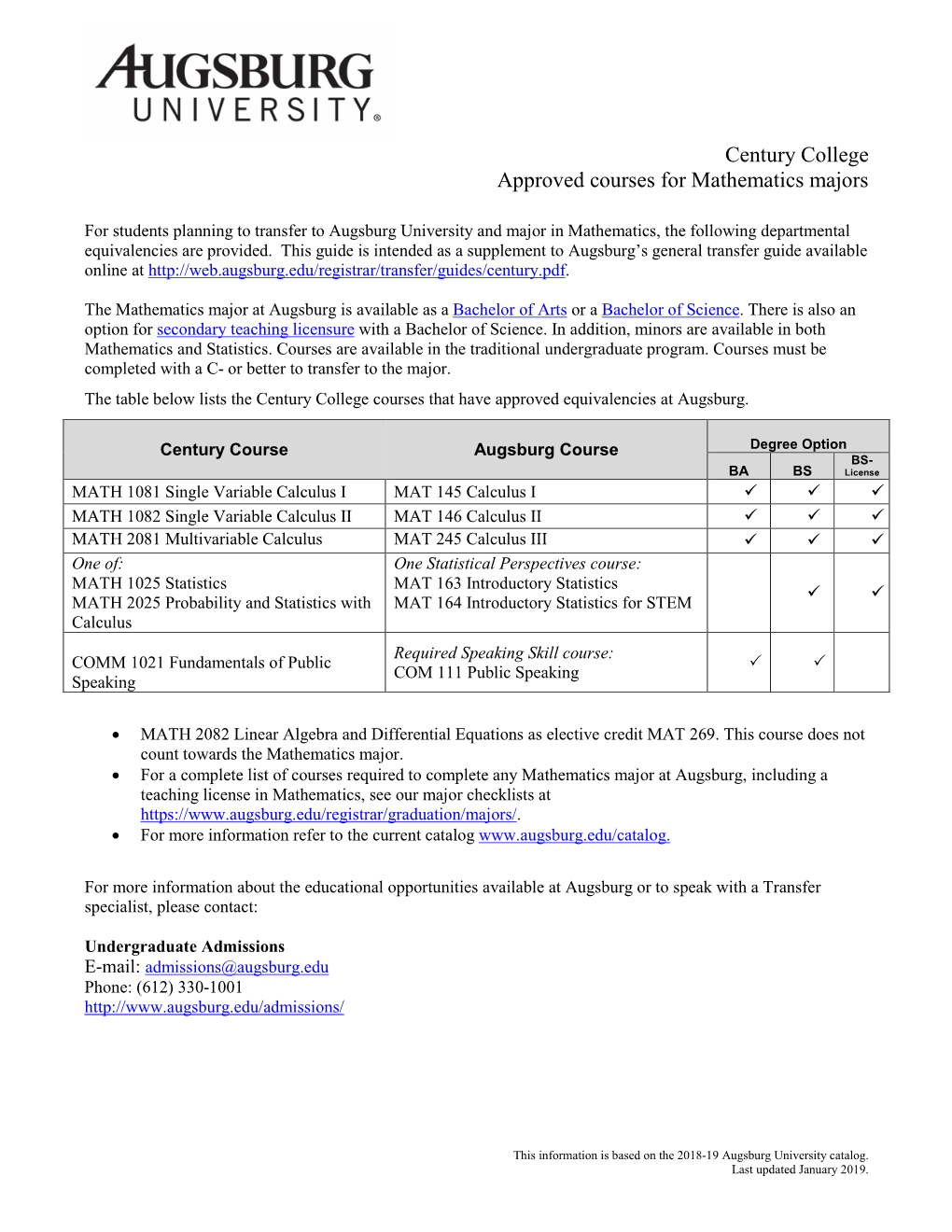 Century College Approved Courses for Mathematics Majors