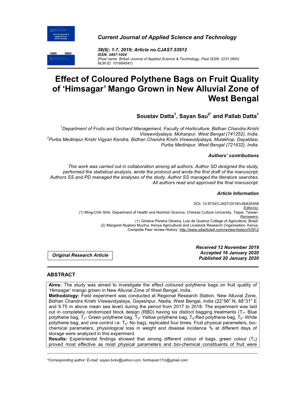 Effect of Coloured Polythene Bags on Fruit Quality of 'Himsagar' Mango