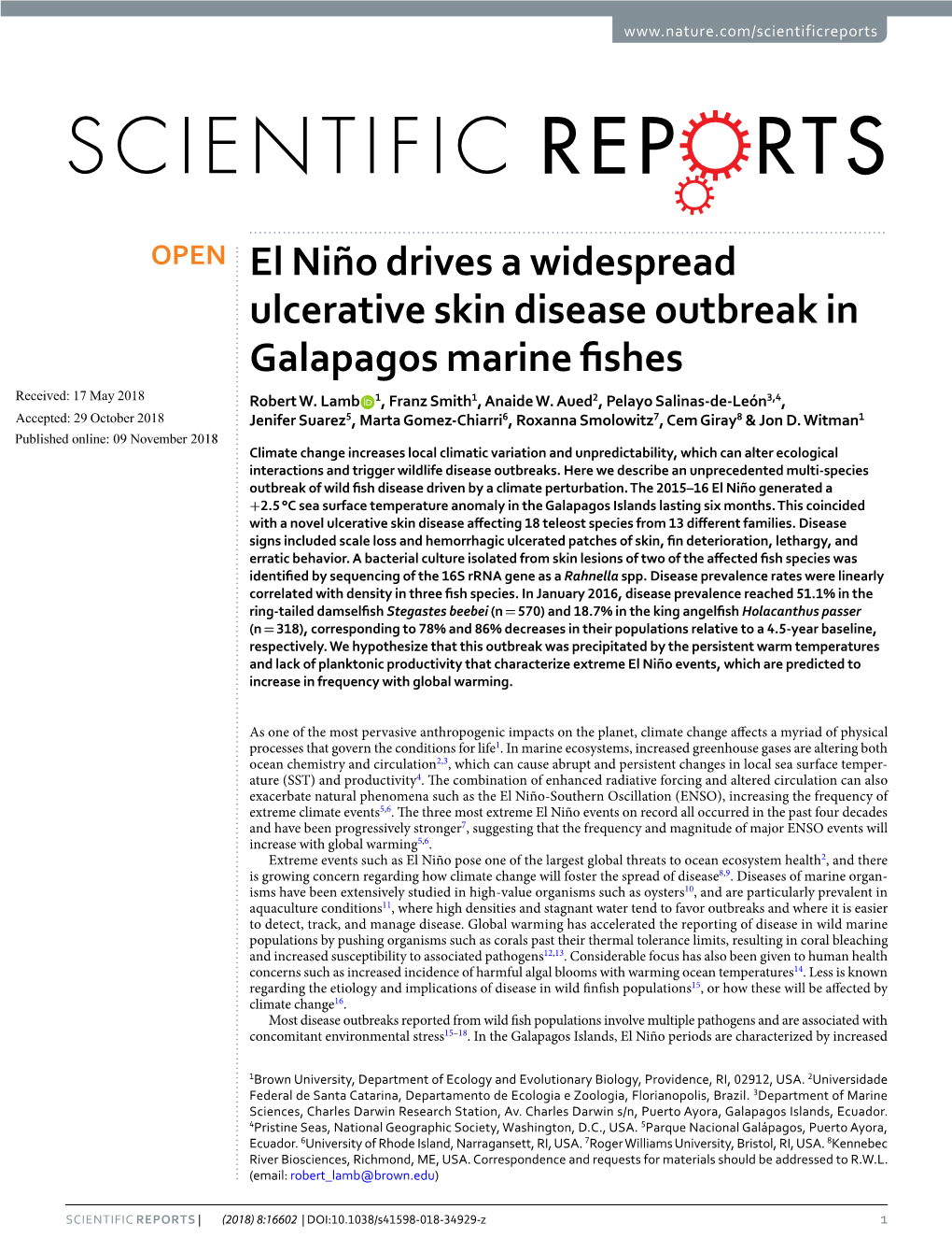 El Niño Drives a Widespread Ulcerative Skin Disease Outbreak in Galapagos Marine Fshes Received: 17 May 2018 Robert W