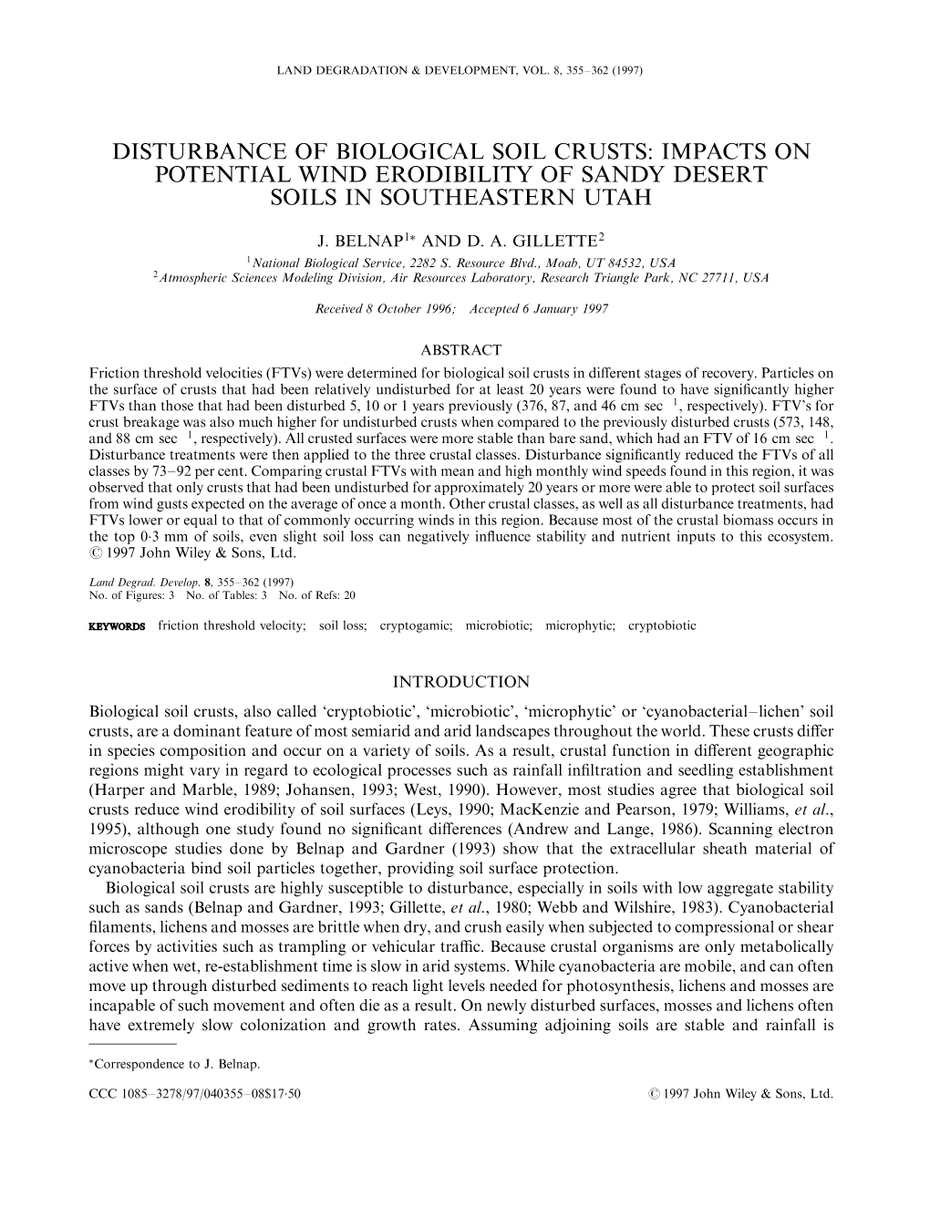 Disturbance of Biological Soil Crusts: Impacts on Potential Wind Erodibility of Sandy Desert Soils in Southeastern Utah