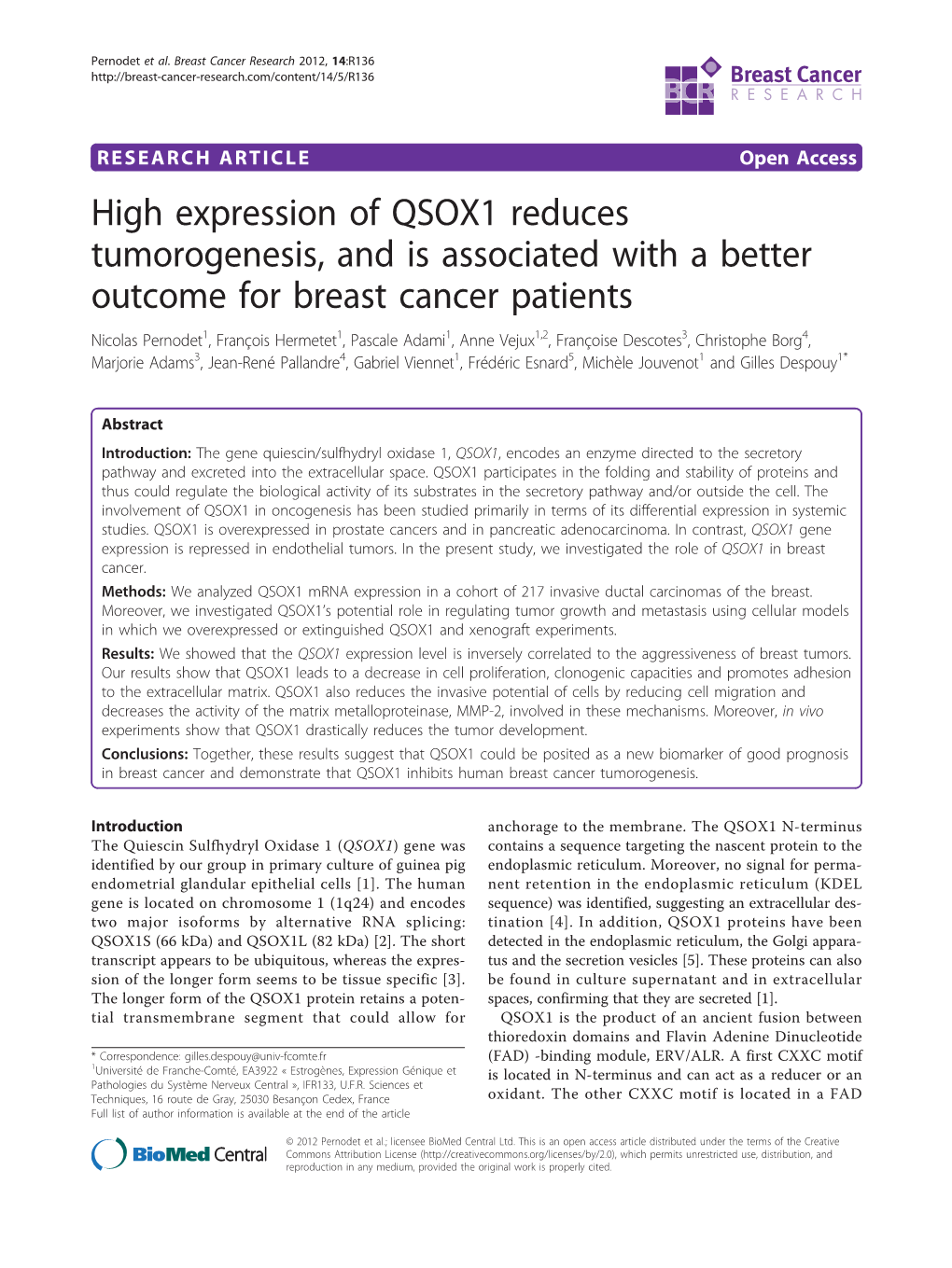 High Expression of QSOX1 Reduces Tumorogenesis, and Is Associated