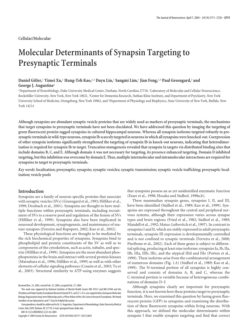 Molecular Determinants of Synapsin Targeting to Presynaptic Terminals