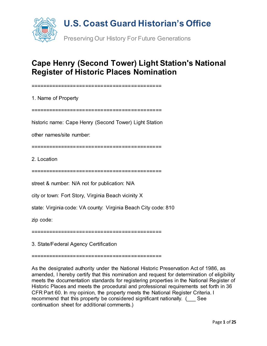 Cape Henry (Second Tower) Light Station's National Register of Historic Places Nomination