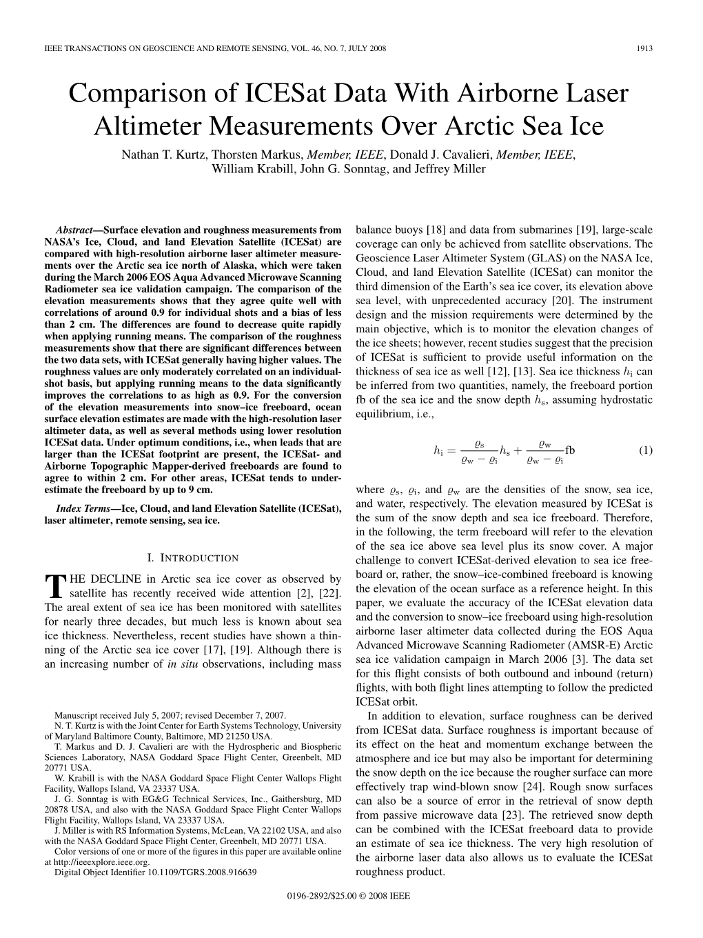 Comparison of Icesat Data with Airborne Laser Altimeter Measurements Over Arctic Sea Ice Nathan T