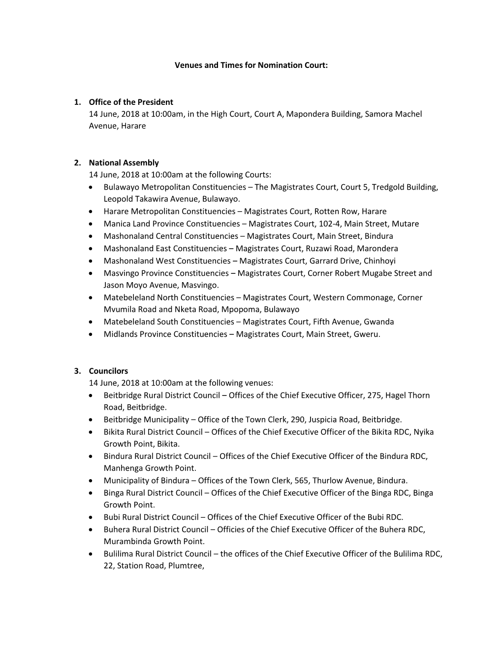 Venues and Times for Nomination Court