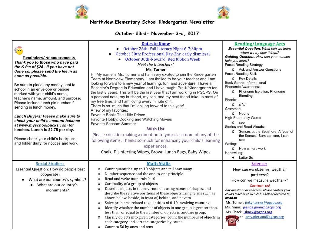 Northview Elementary School Kindergarten Newsletter