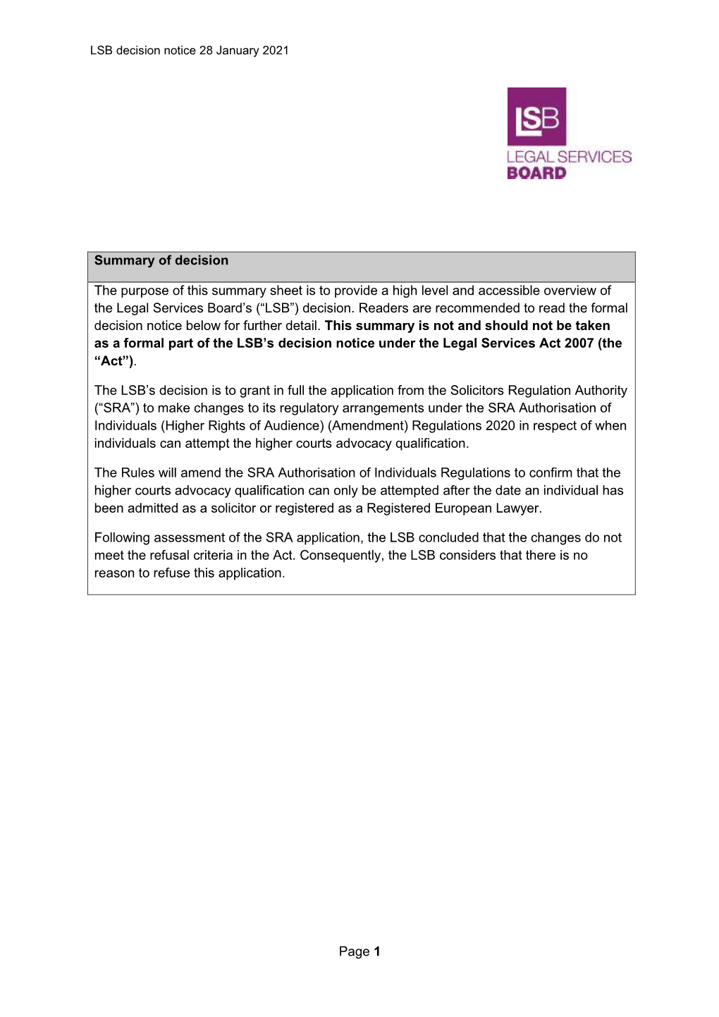 Decision Notice 28 January 2021 111 L GALS RVIC S BOARD