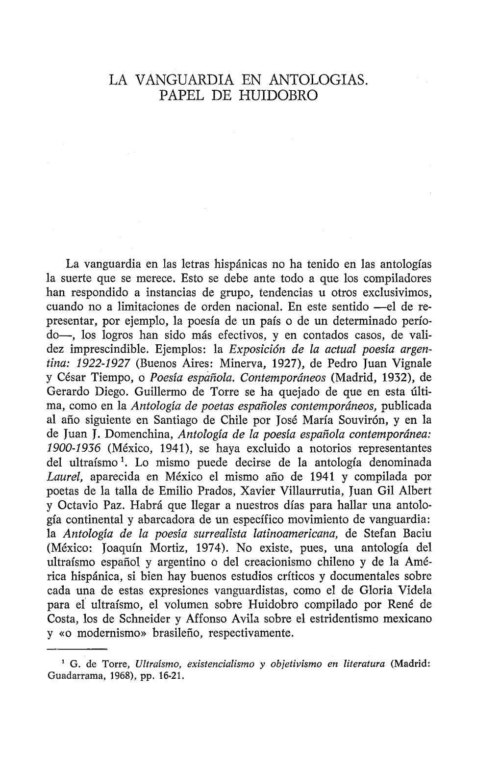 LA VANGUARDIA EN ANTOLOGIAS. PAPEL DE HUIDOBRO La