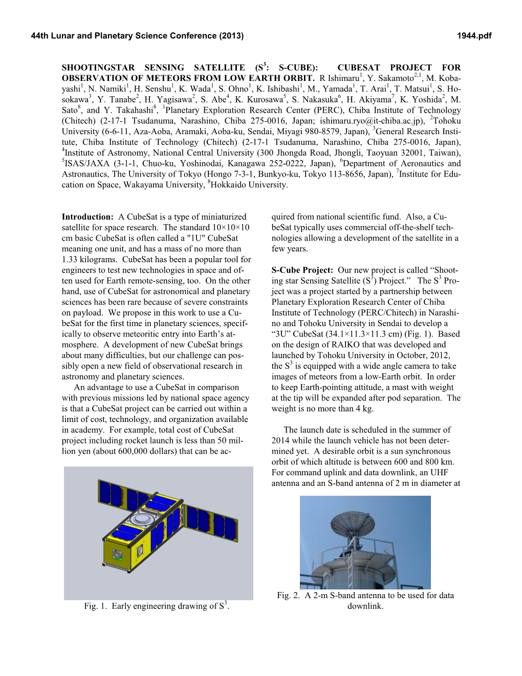 Shootingstar Sensing Satellite (S3: S-Cube): Cubesat Project for Observation of Meteors from Low Earth Orbit