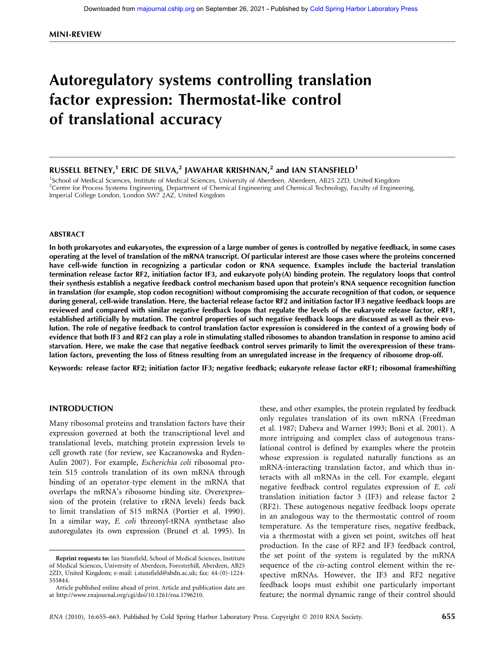 Autoregulatory Systems Controlling Translation Factor Expression: Thermostat-Like Control of Translational Accuracy