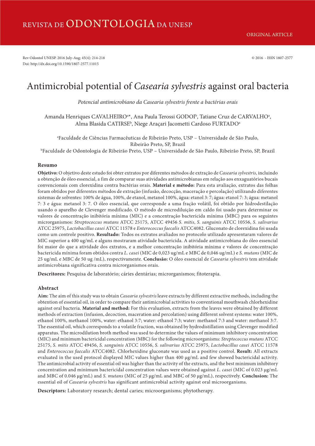 Antimicrobial Potential of Casearia Sylvestris Against Oral Bacteria
