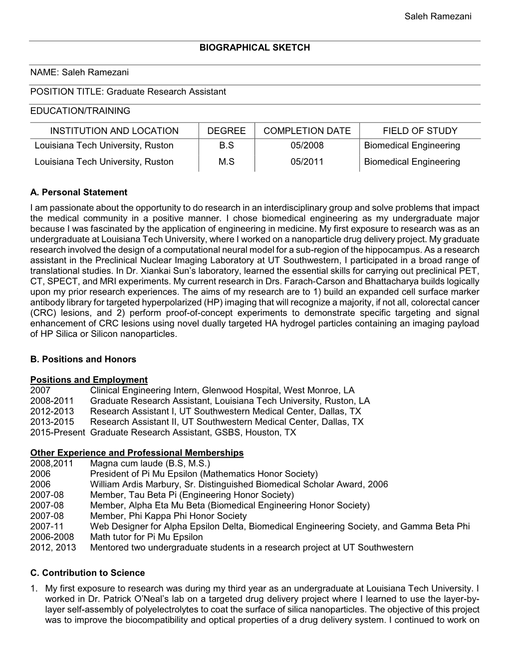 Biographical Sketch Format Page