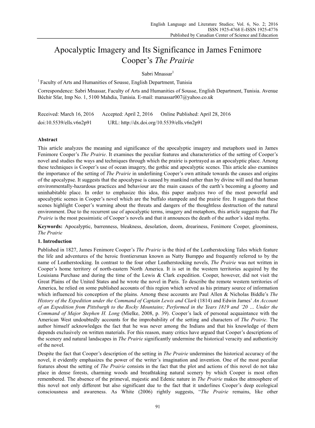 Apocalyptic Imagery and Its Significance in James Fenimore Cooper’S the Prairie