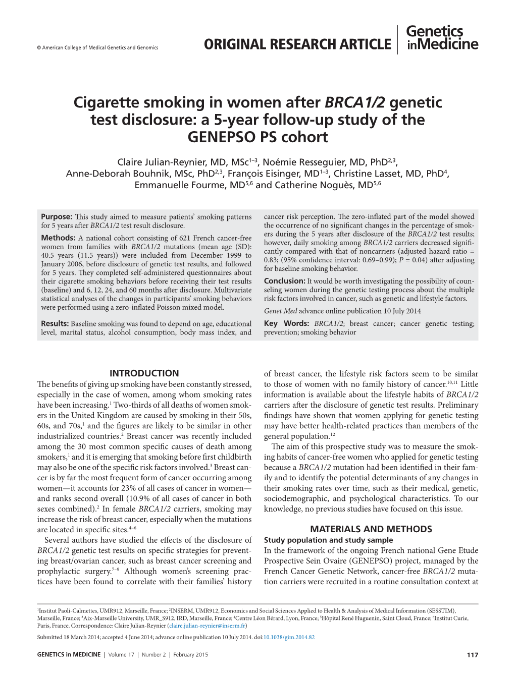 Cigarette Smoking in Women After BRCA1/2 Genetic Test Disclosure: a 5-Year Follow-Up Study of the GENEPSO PS Cohort