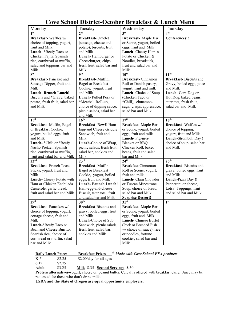 Cove School District-October Breakfast & Lunch Menu