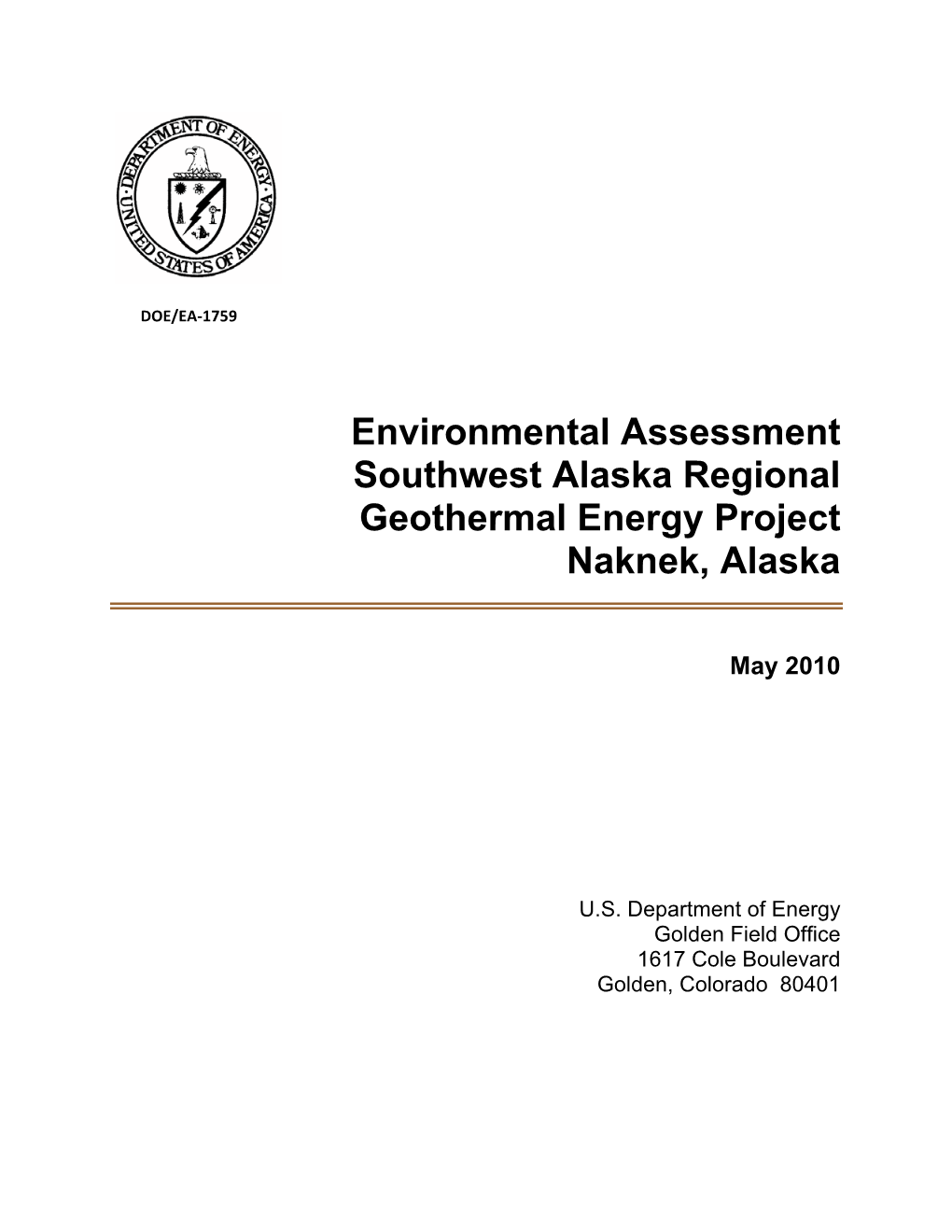 Environmental Assessment Southwest Alaska Regional Geothermal Energy Project Naknek, Alaska