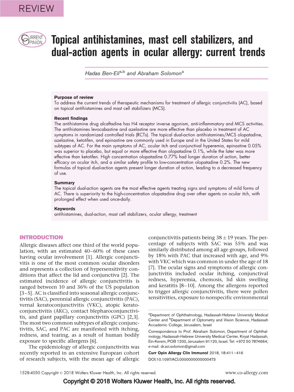 Topical Antihistamines, Mast Cell Stabilizers, and Dual-Action Agents