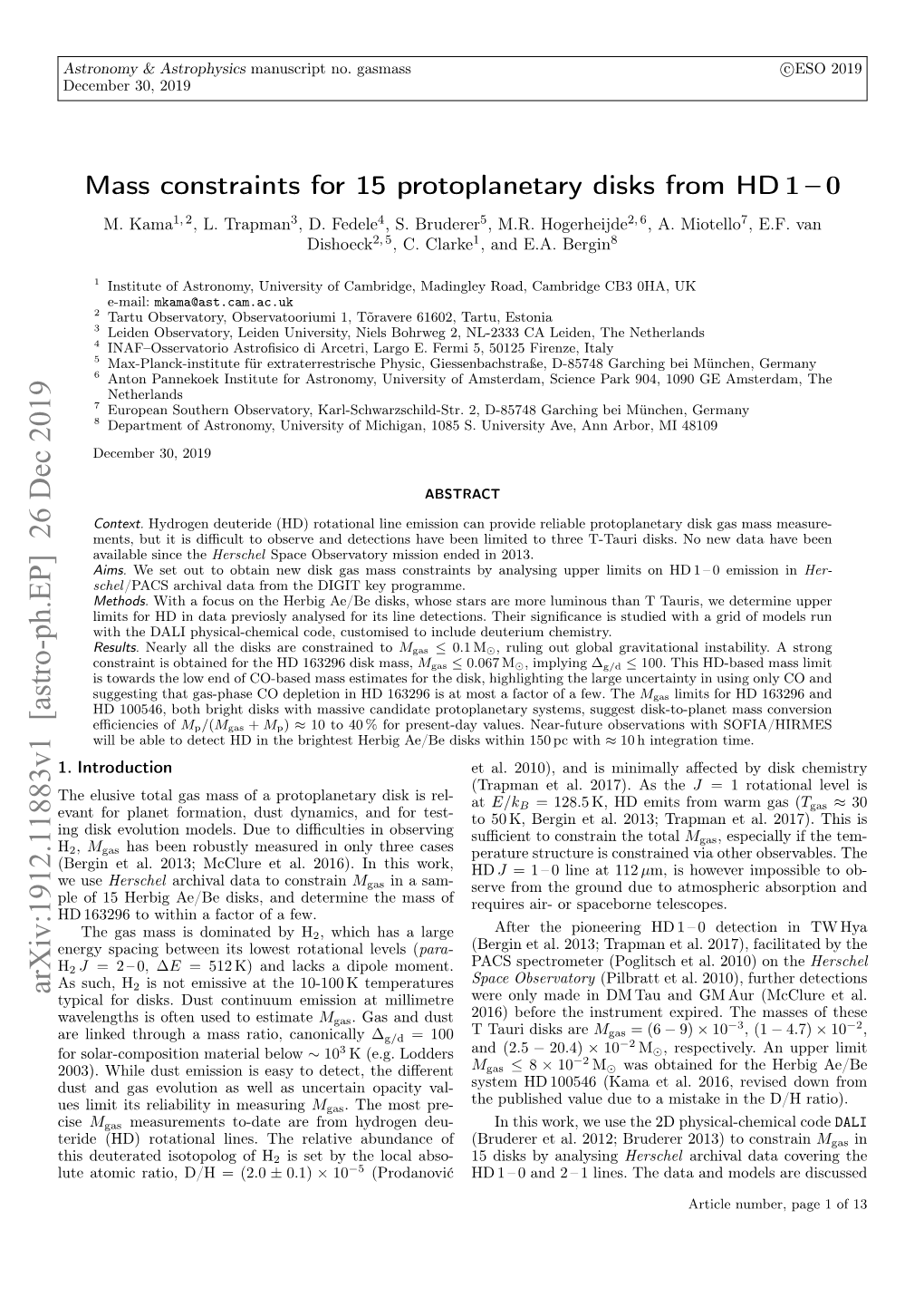 Mass Constraints for 15 Protoplanetary Disks from HD 1 – 0 M