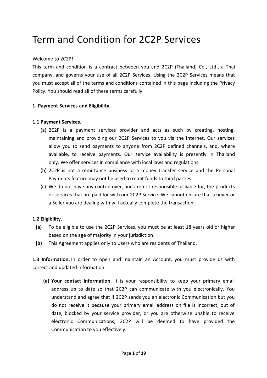 Term and Condition for 2C2P Services