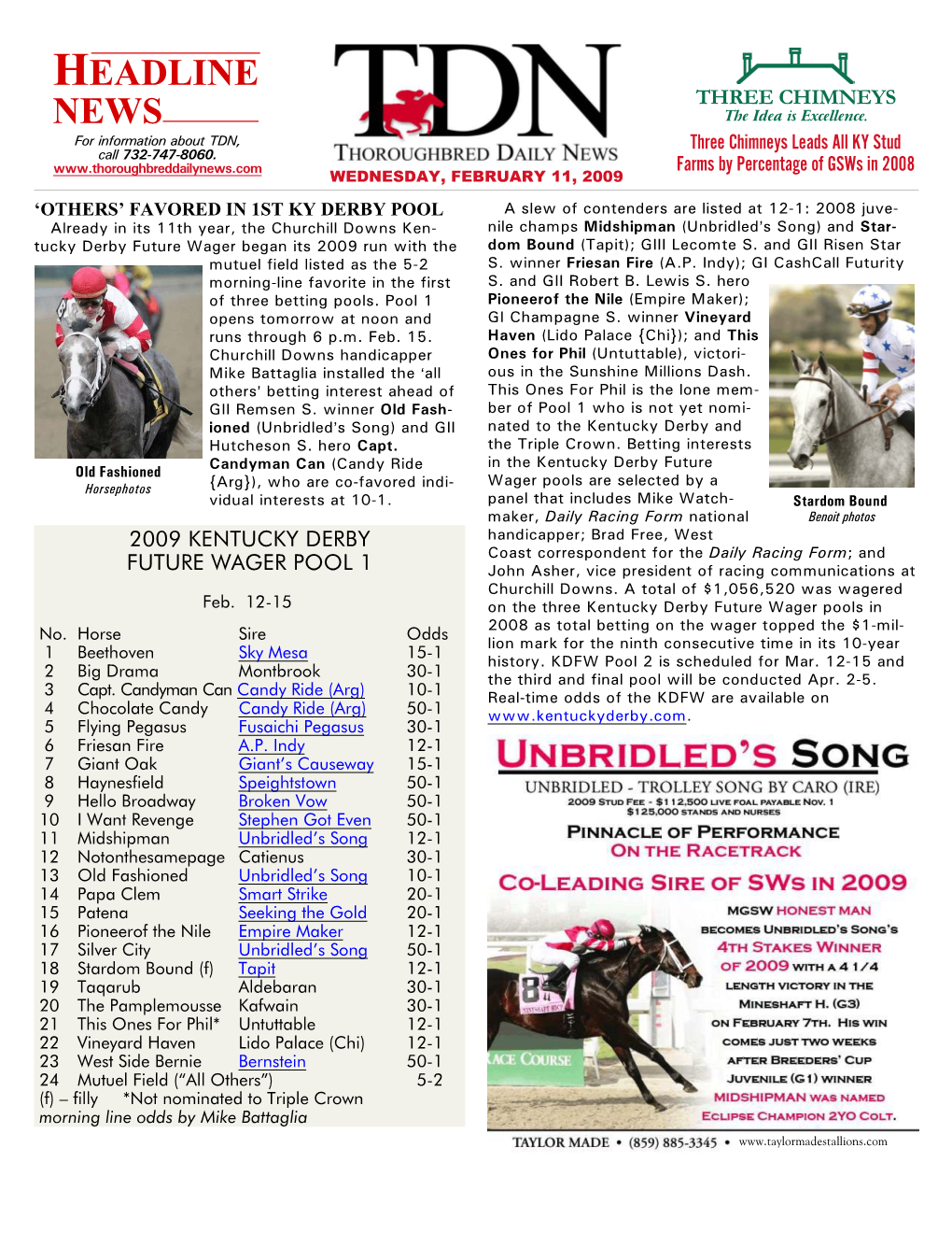 HEADLINE NEWS • 2/11/09 • PAGE 2 of 8 Classic Crop 2009 ONE “HULL” of a PROSPECT While the Winners of the GIII Risen Star S