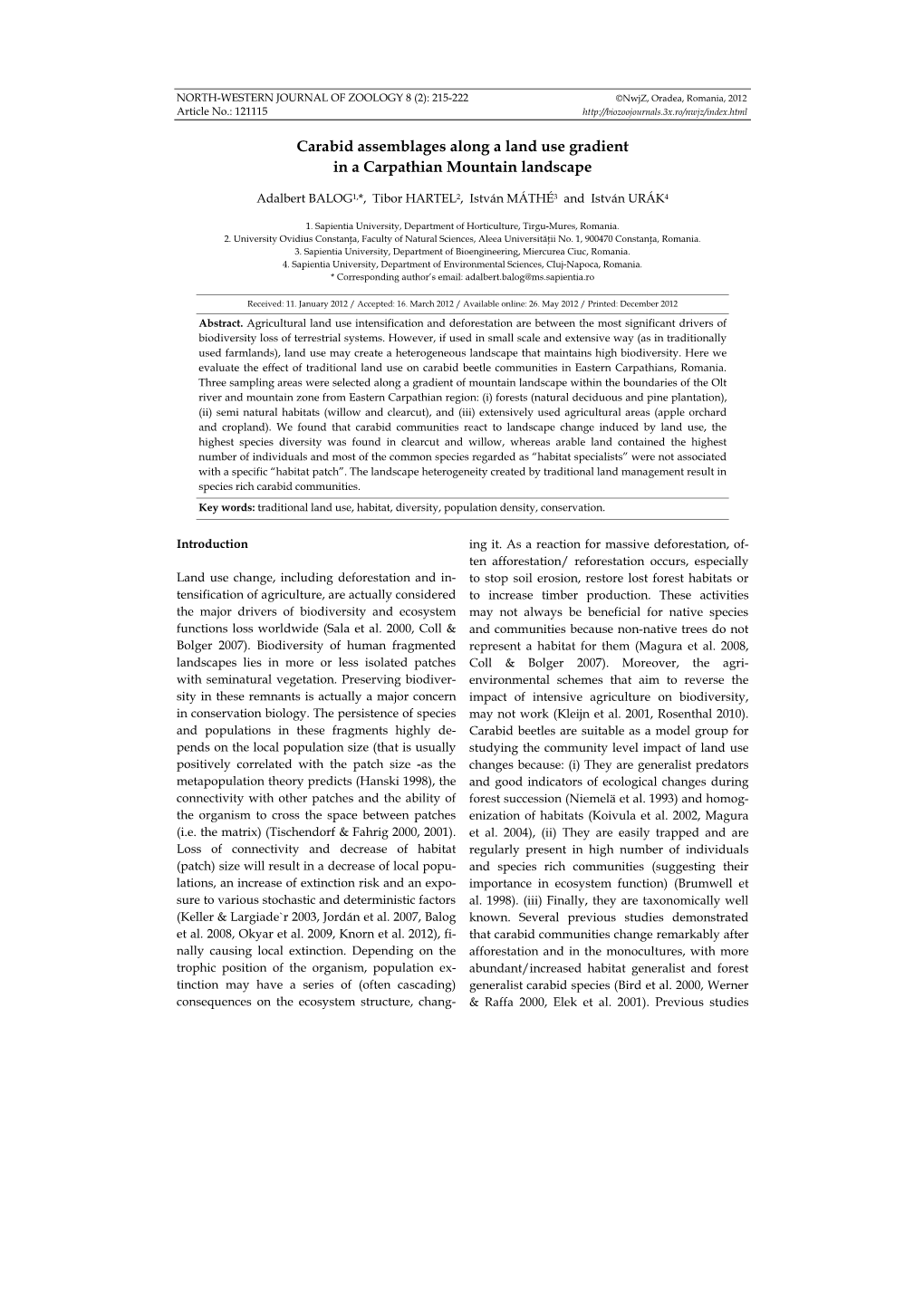 Carabid Assemblages Along a Land Use Gradient in a Carpathian Mountain Landscape