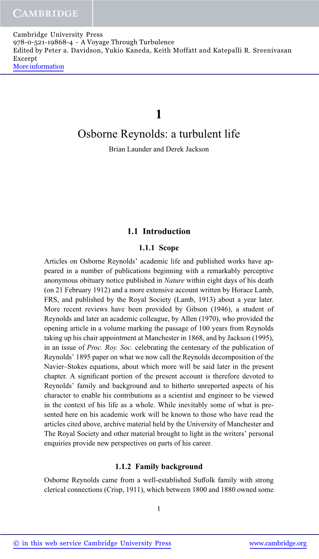 Osborne Reynolds: a Turbulent Life Brian Launder and Derek Jackson