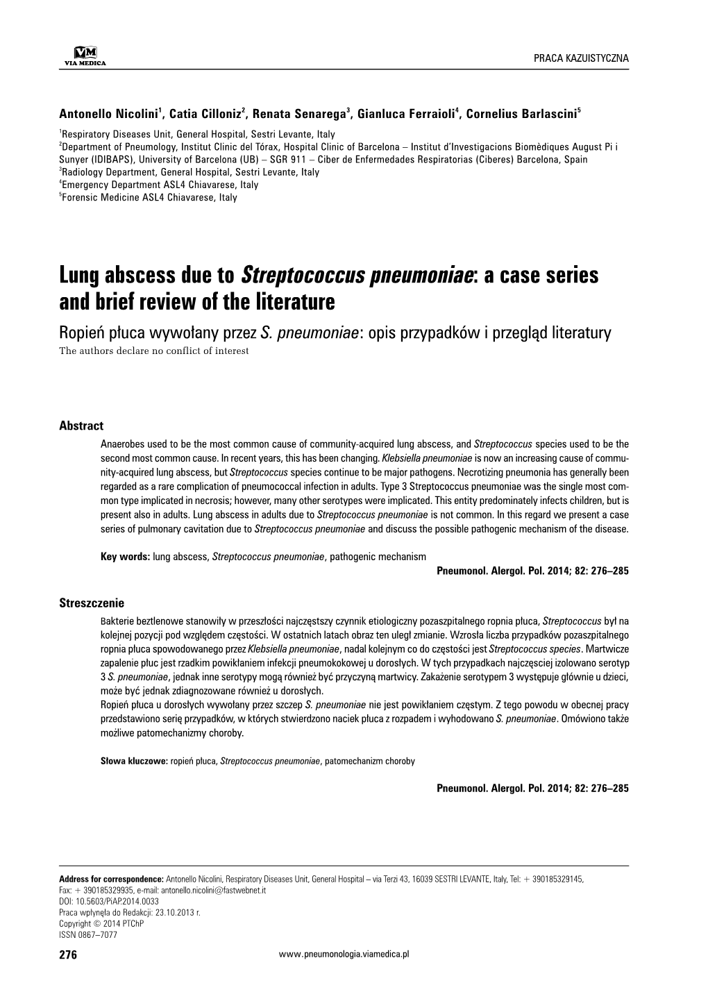 Lung Abscess Due to Streptococcus Pneumoniae: a Case Series and Brief Review of the Literature Ropień Płuca Wywołany Przez S